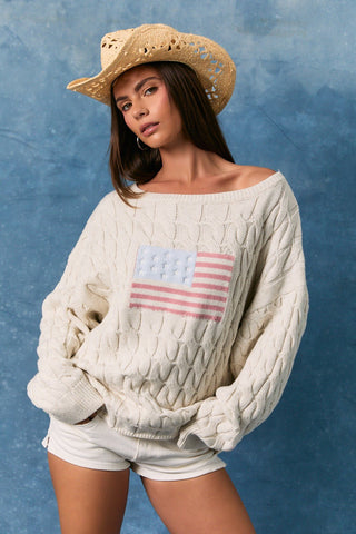 Boat Neck American Flag Sweater - Cream - 