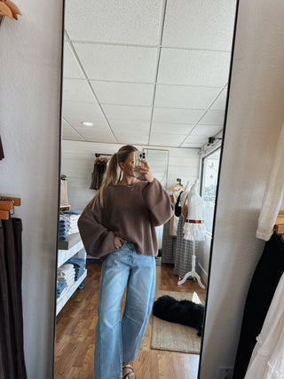 Boat Neck Oversized Sweater - Brown - 
