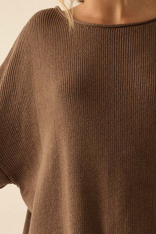 Boat Neck Oversized Sweater - Brown - 