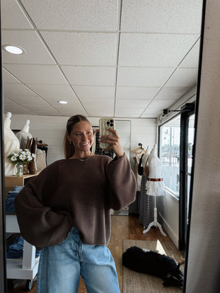 Boat Neck Oversized Sweater - Brown - 
