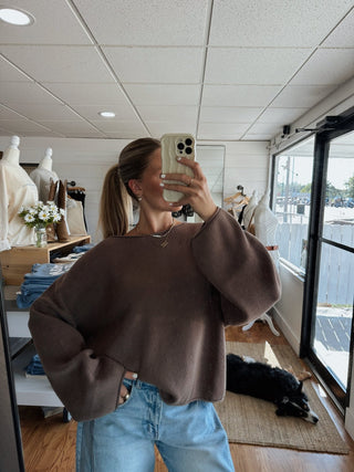 Boat Neck Oversized Sweater - Brown - 