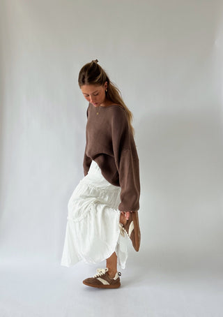 Boat Neck Oversized Sweater - Brown - 