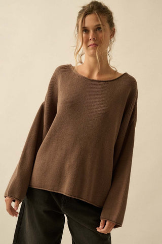 Boat Neck Oversized Sweater - Brown - 