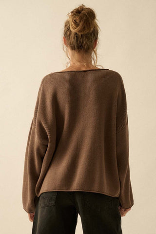 Boat Neck Oversized Sweater - Brown - 