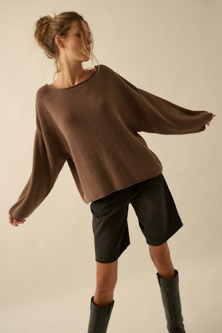 Boat Neck Oversized Sweater - Brown - 