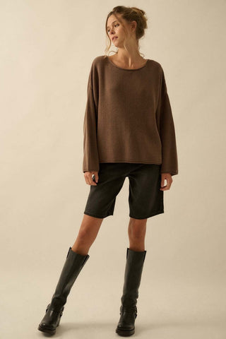 Boat Neck Oversized Sweater - Brown - 