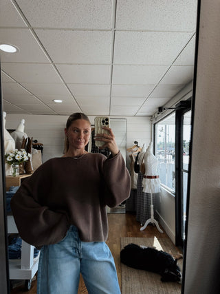 Boat Neck Oversized Sweater - Brown - 