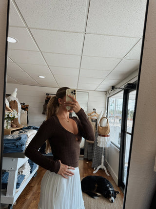 Brown Long Sleeve Keyhole Top - 