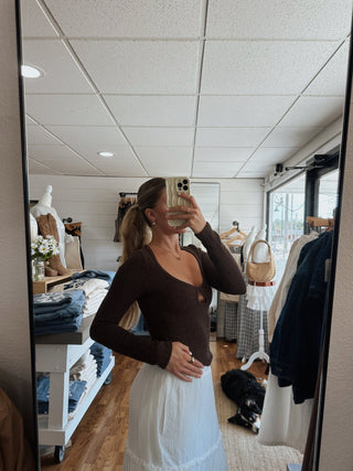 Brown Long Sleeve Keyhole Top - 