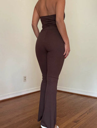 Brown Ribbed High Waist Flare Pant - 