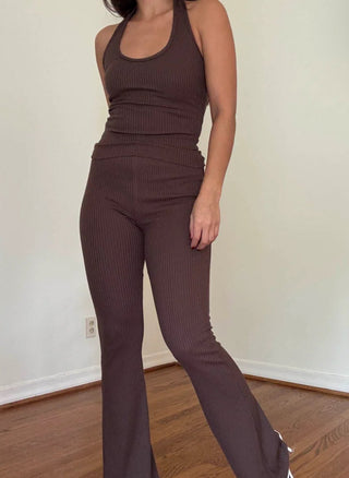 Brown Ribbed High Waist Flare Pant - 