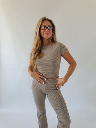 Brown Striped Short Sleeve Top -