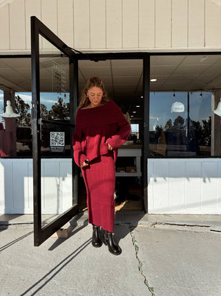 Burgundy Off Shoulder Oversized Sweater - 