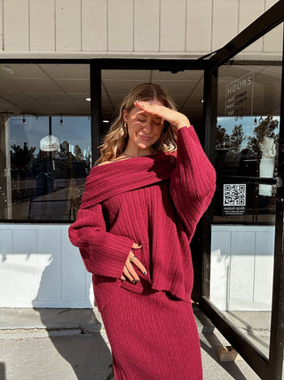Burgundy Off Shoulder Oversized Sweater - 