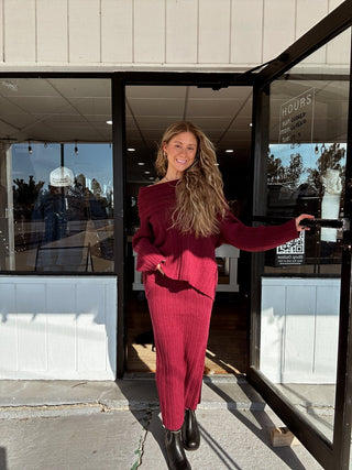 Burgundy Off Shoulder Oversized Sweater - 
