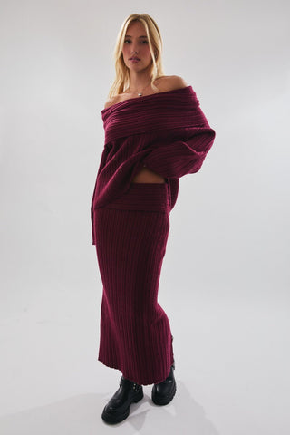 Burgundy Off Shoulder Oversized Sweater - 