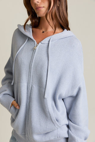 Denim Blue Knit Zip Up Hoodie - 