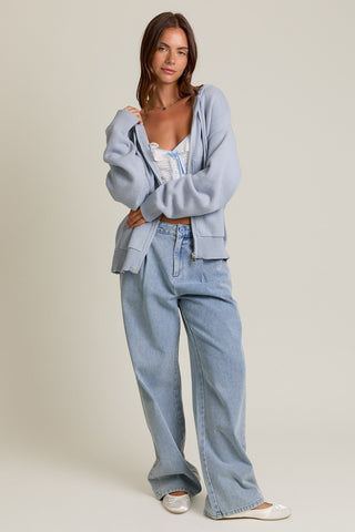 Denim Blue Knit Zip Up Hoodie - 