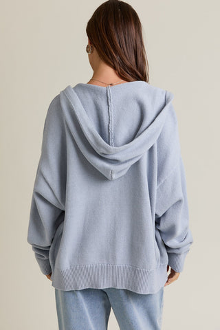 Denim Blue Knit Zip Up Hoodie - 