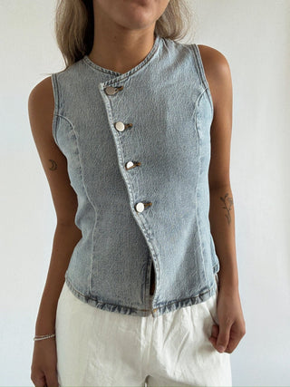 Denim Button Down Vest - 