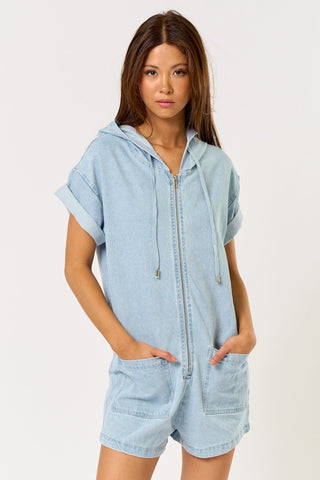Denim Hooded Romper - 