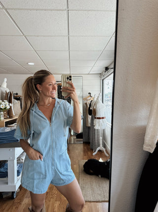 Denim Hooded Romper - 