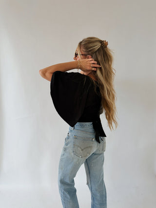 Flutter Sleeve Tie Top - Black -