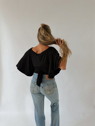 Flutter Sleeve Tie Top - Black -