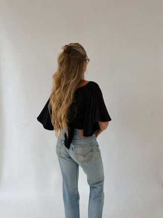 Flutter Sleeve Tie Top - Black -