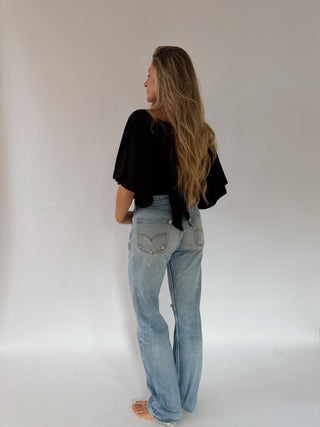 Flutter Sleeve Tie Top - Black -