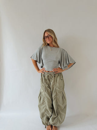 Flutter Sleeve Tie Top - Heather Grey -