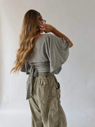 Flutter Sleeve Tie Top - Heather Grey -