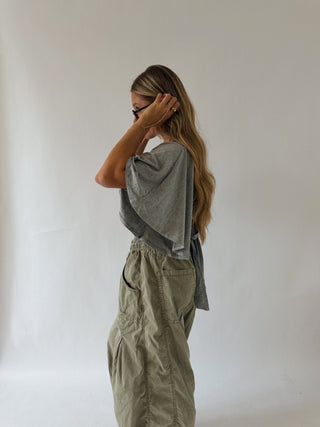 Flutter Sleeve Tie Top - Heather Grey -