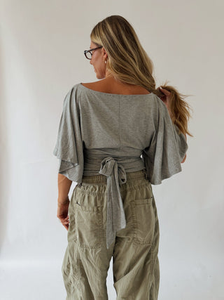 Flutter Sleeve Tie Top - Heather Grey -