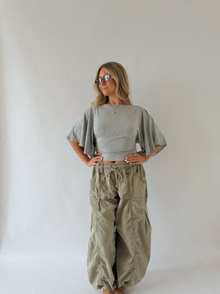 Flutter Sleeve Tie Top - Heather Grey -