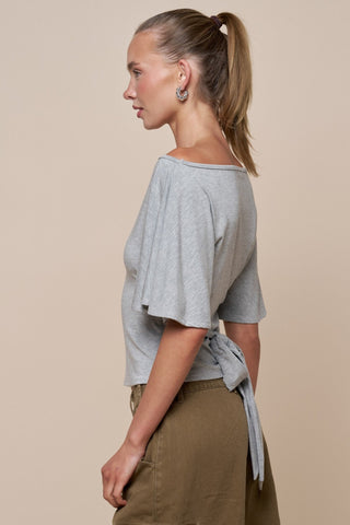 Flutter Sleeve Tie Top - Heather Grey -