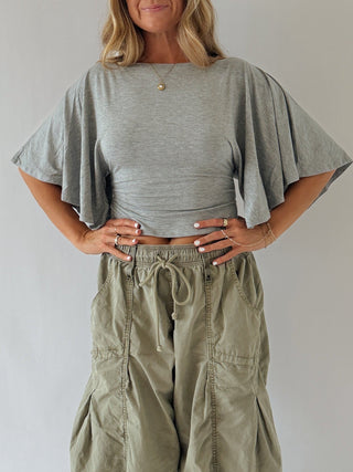 Flutter Sleeve Tie Top - Heather Grey -