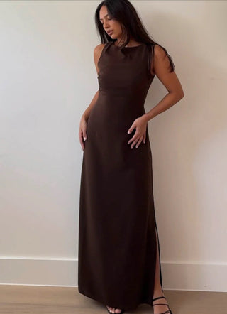 High Neck Chocolate Brown Maxi Dress - 