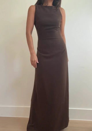High Neck Chocolate Brown Maxi Dress - 