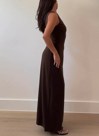 High Neck Chocolate Brown Maxi Dress - 