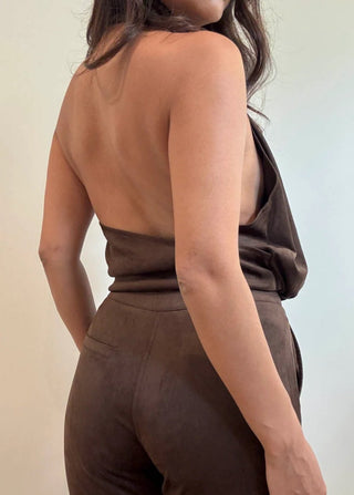 High Neck Open Back Chocolate Suede Top - 
