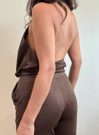 High Neck Open Back Chocolate Suede Top - 