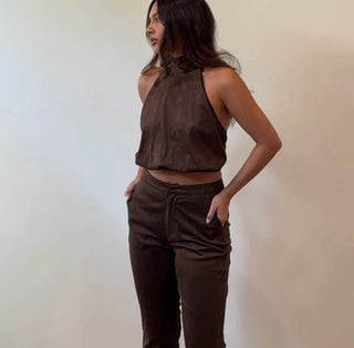 High Neck Open Back Chocolate Suede Top - 