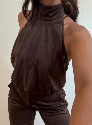 High Neck Open Back Chocolate Suede Top - 