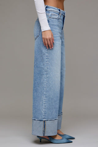 High Rise Wide Leg Cuffed Jeans - 