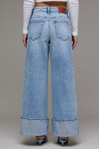 High Rise Wide Leg Cuffed Jeans - 