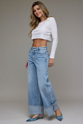 High Rise Wide Leg Cuffed Jeans - 