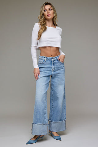 High Rise Wide Leg Cuffed Jeans - 
