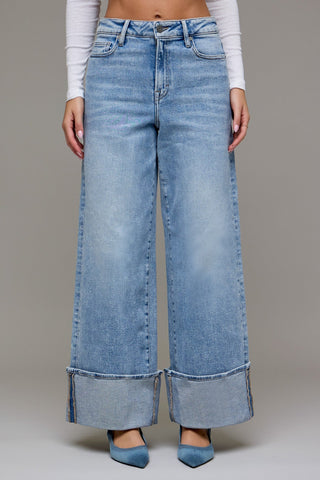 High Rise Wide Leg Cuffed Jeans - 