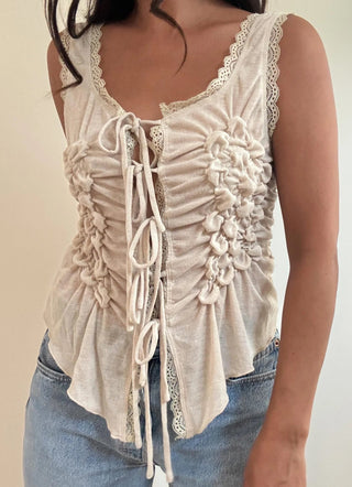 Lace Front Tie Top - Beige - 